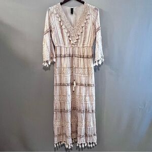 Anthropologie Me 2 Magic Gold/Cream Tiered Boho Maxi Dress